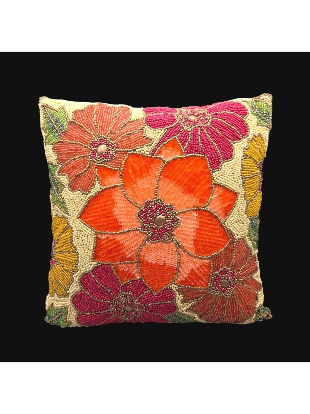 Pier 1 Vintage Beaded Sequin Floral Throw Pillow 13x13 Colorful India Accent